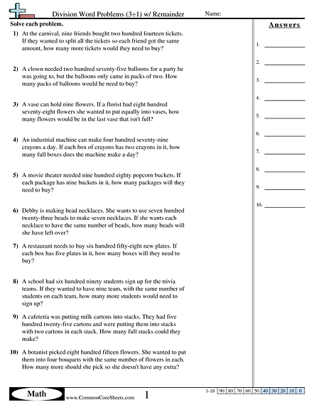4.nbt.6 Worksheets - 3 ÷ 1 (With Remainder) worksheet